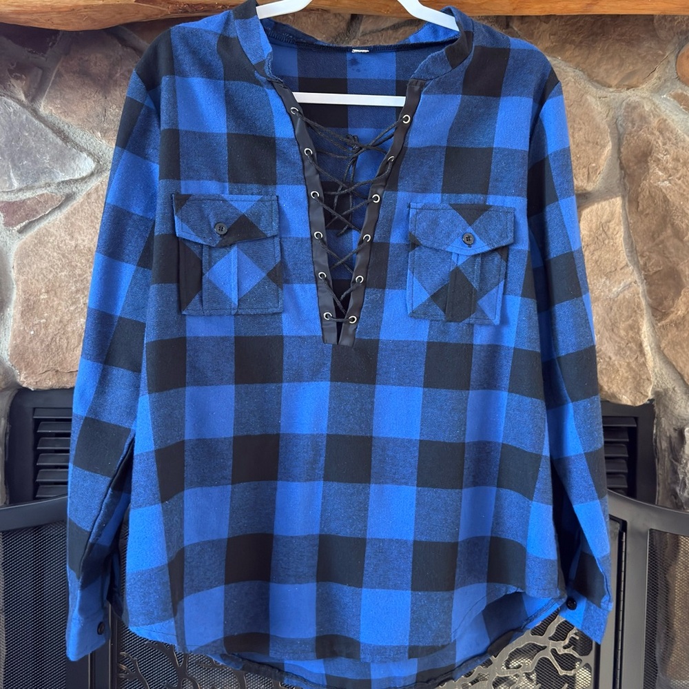 Blue and Black Plaid Lace-Up Shirt